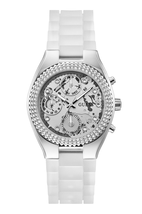 GUESS, Мултифункционален часовник с кристали, Сребрист, Бял