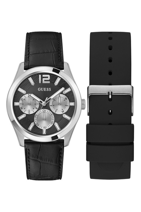 GUESS, Bőrszíjas karóra, Ezüstszín, Fekete