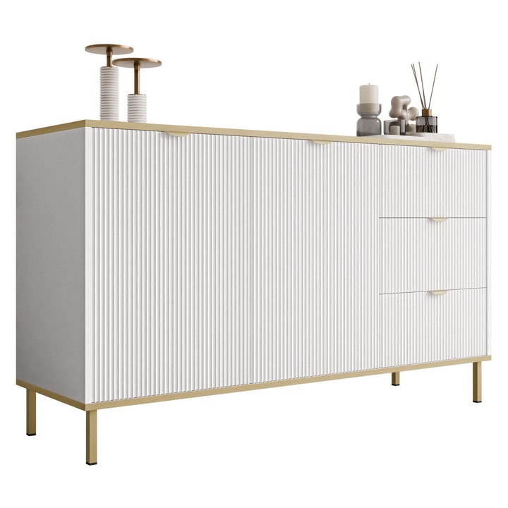 Comoda living Tawkan 2D3S, MIRJAN 24, alb + auriu, 42x135x78 cm