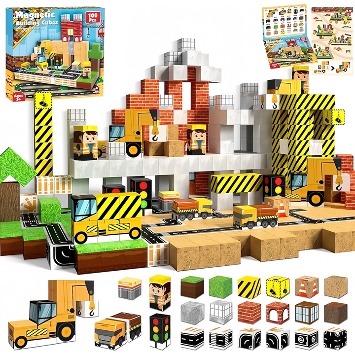 Set de constructie cu blocuri magnetice, 100 bucati, 12 culori, design modular