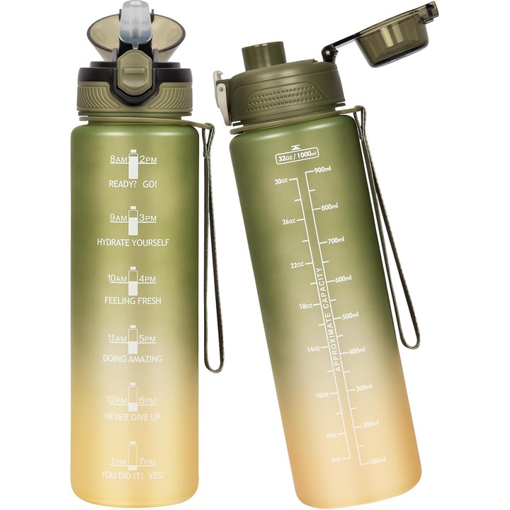 Sticla sport din plastic fara BPA, gradata cu pai, anticurgere, Verde 1 L