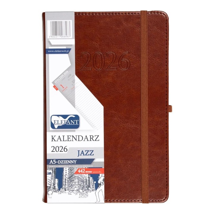 Agenda A5 2026, ELEFANT, format zilnic, 442 pagini, coperta tare, culoare brown