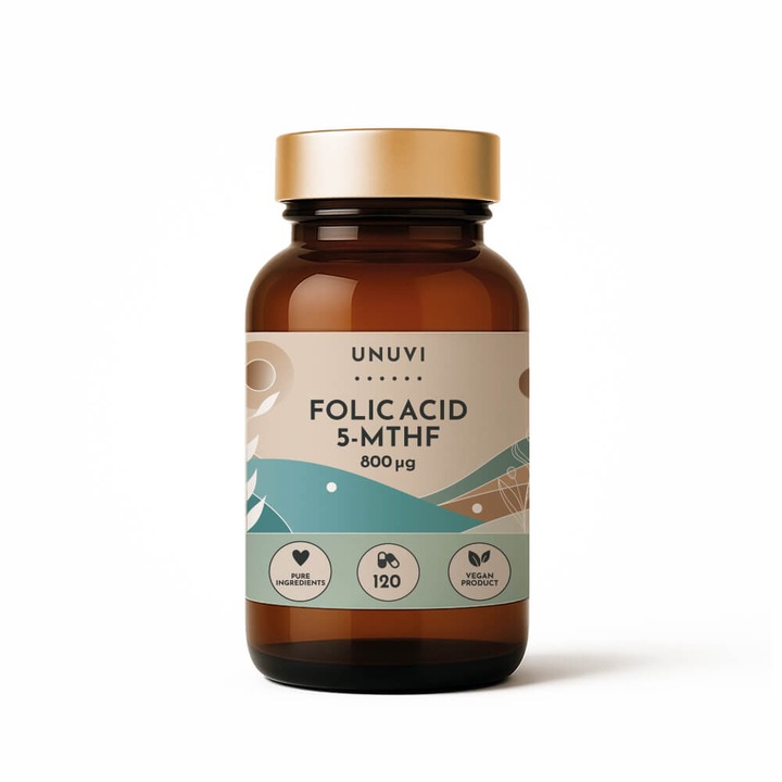 Фолиева киселина метилат 5-MTHF 800 mg, UNUVI, 120 растителни капсули, подкрепа за нервната система, здраве на кръвообращението