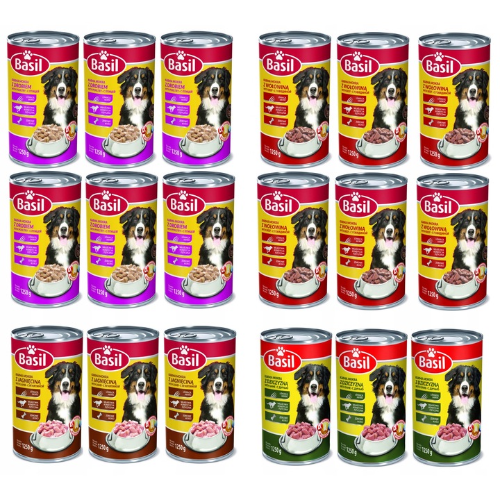 Basil nedves kutyatáp szett, 1250g, 18 darab, baromfi, marha, bárány és vadhússal