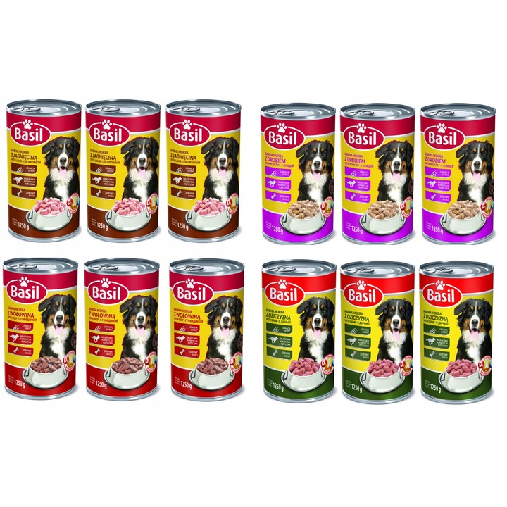 Basil nedves kutyaeledel szett, 1250g, 12 darab, csirkével, marhával, báránnyal, vaddal