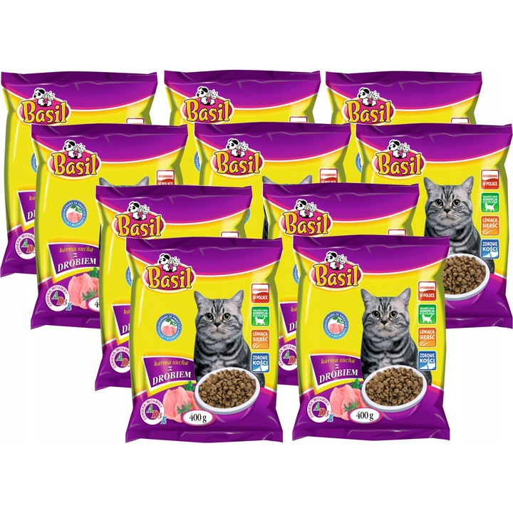 Száraztáp szett macskáknak, Basil, 400 g, baromfihússal, 10 darab, 28% fehérje
