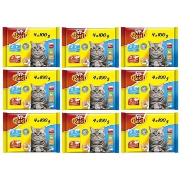 Nedves macskaeledel, BASIL, pisztránggal és lazaccal, 4x100 g, 9 szett