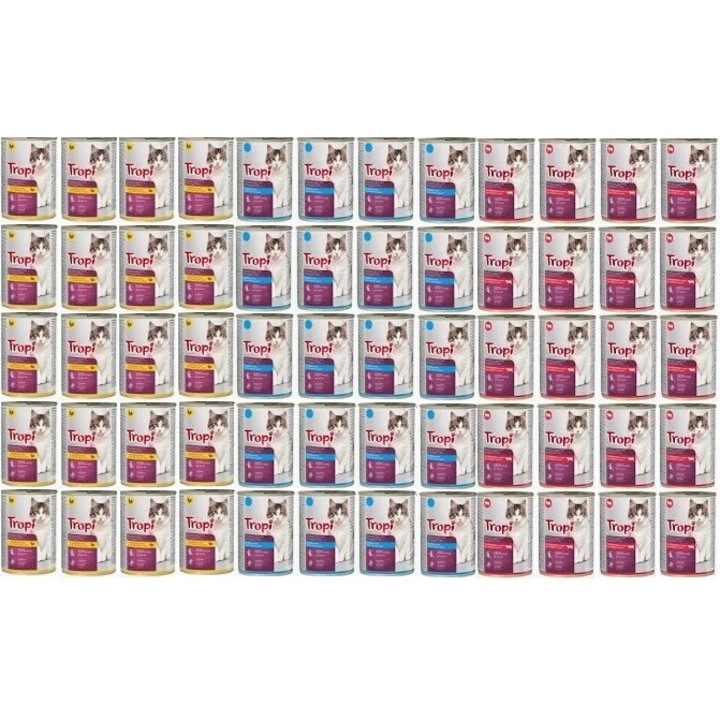 Мокра храна за котки, Тропи, комплект 60x415г, микс аромати, птиче месо, риба, говеждо