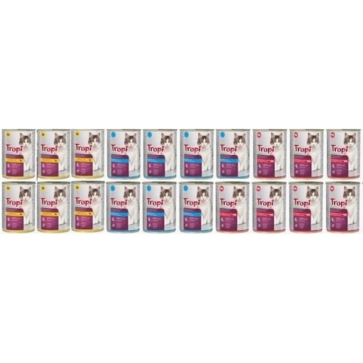 20 консерви мокра храна за котки, Tropi, микс от вкусове, 415 г