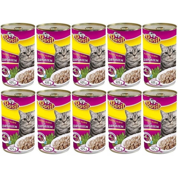 Мокра храна за котки, Basil, 415 гр, с пиле, 10 броя