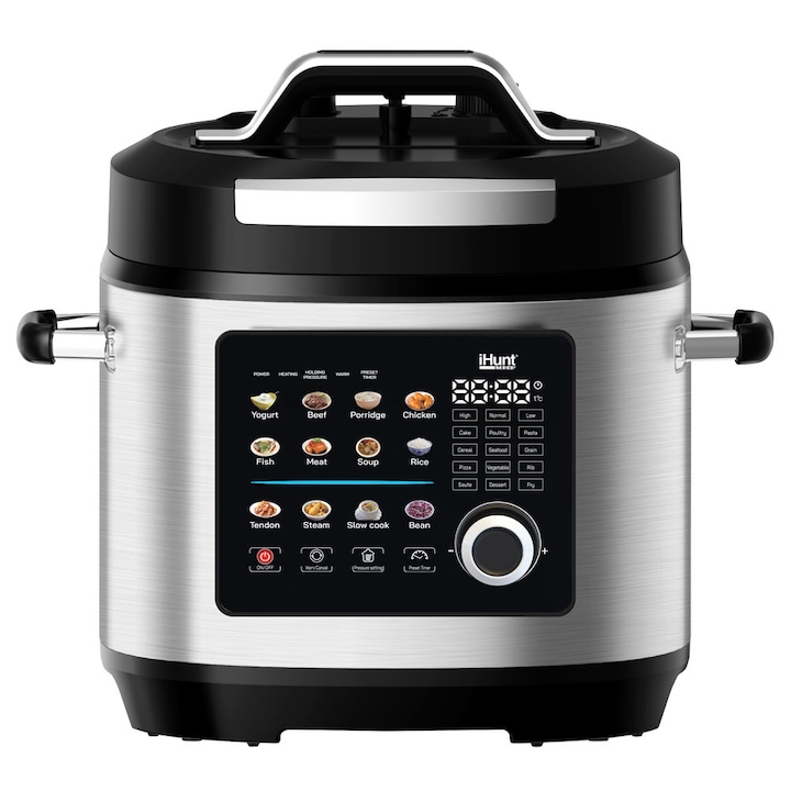Oala electrica sub presiune iHunt Bro Multicooker 8L Ultra, 1300W, Afisaj Color Touch, 25 de programe, Presiune Ajustabila, Pastrare la cald 60–80°C, Sistem siguranta cu supapa automata, Silver