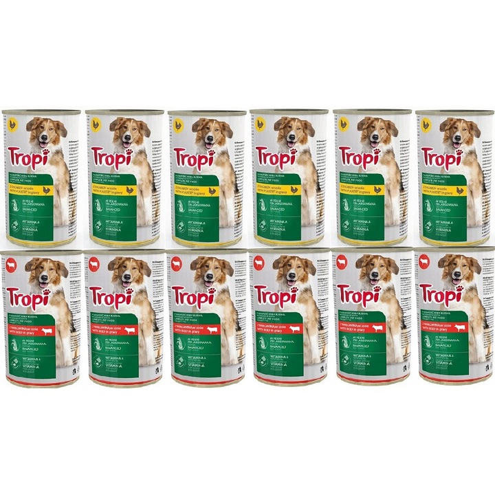 Комплект мокра храна за кучета Тропи 1250гр, 12 броя, с пиле и говеждо, 82% влажност