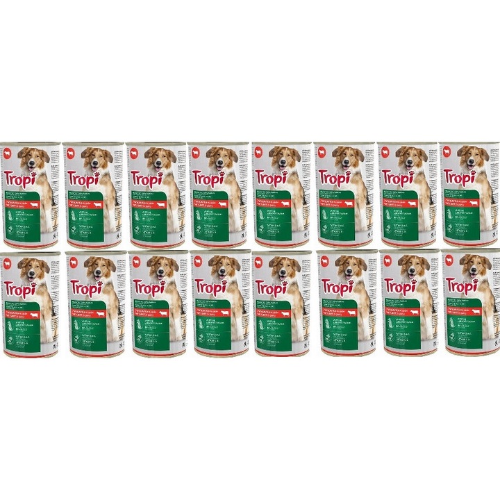 16 darabos szett Tropi kutyaeledel 1250g marhahússal szószban, 82% nedvességtartalom