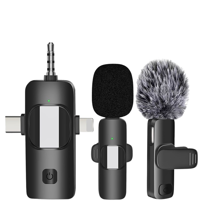 Set 2 microfoane, lavaliera wireless, USB C, 3.5 Jack, Lightning, Compatibil telefon, camera DSLR, Placa de sunet, laptop, Android, iPad, IOS, portabile, incarcare rapida, reducere zgomot