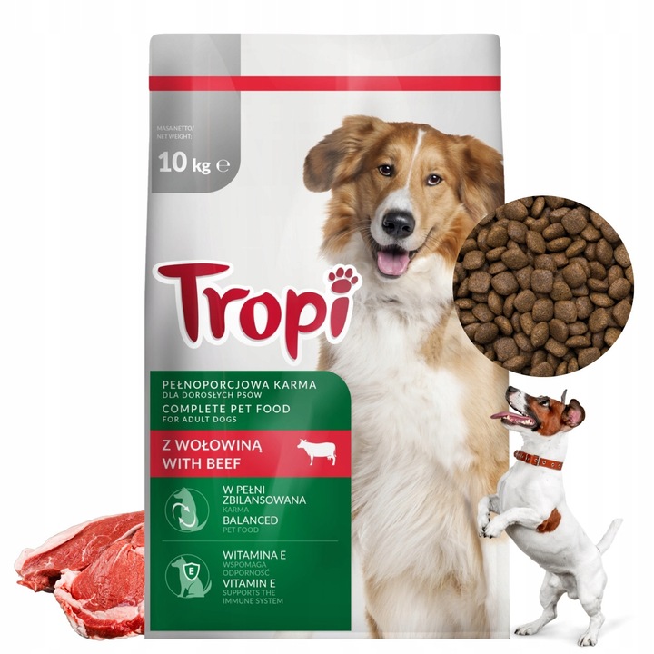 Храна за кучета, Тропи, 10кг, с говеждо, 20% протеин, 6% мазнини