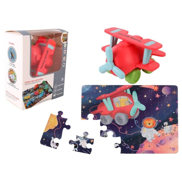 Set educational Pro Kids, avion din plastic si 20 piese puzzle tematic spatial, multicolor, pentru copii de la 3 ani