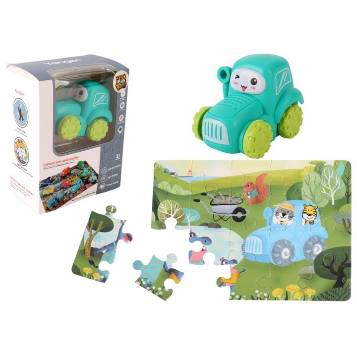 Pro Kids oktató készlet, színes műanyag traktor és 20 darabos puzzle, zöld-kék, 3 éves kortól