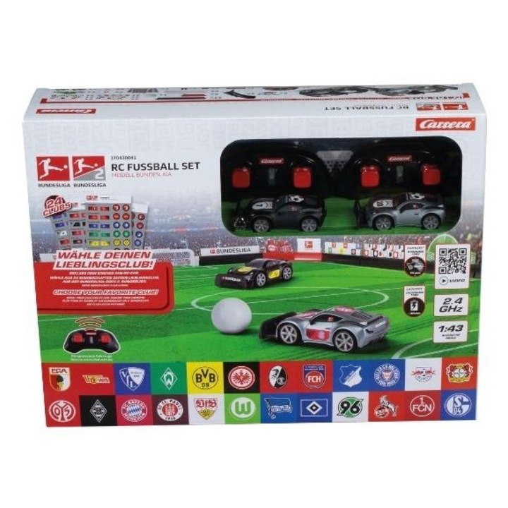 R/C Bundesliga futball készlet 2,4GHz 1:43, Carrera, 2 jármű, 1 labda, 2 kapu