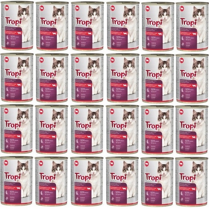 Мокра храна за котки Тропи, с телешко, 24x415гр