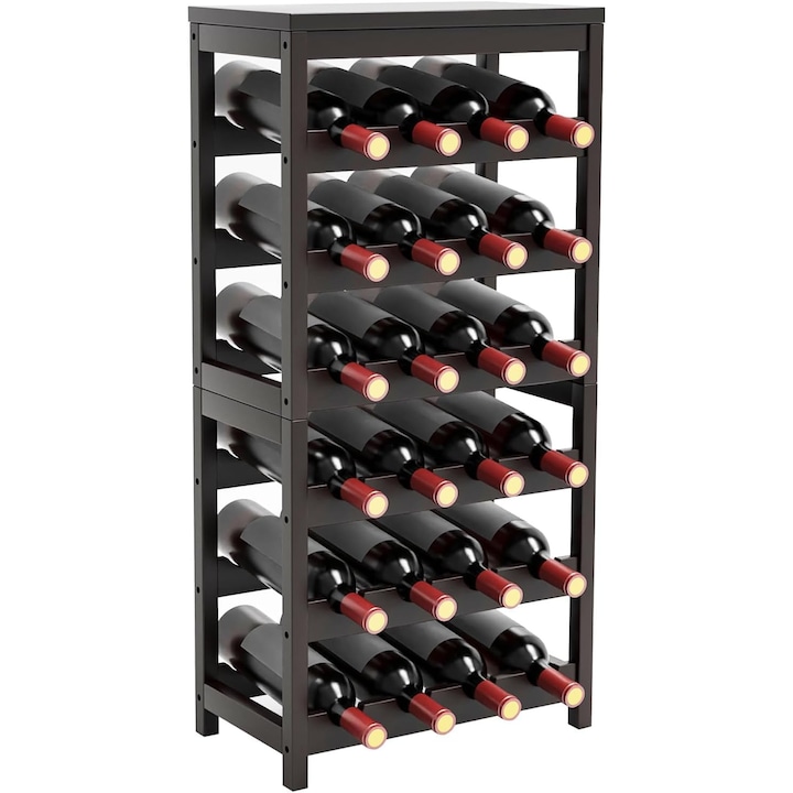 Suport Sticle de Vin,24 sticle de vin raft podea independent, 6-Nivel bambus vin afisare raft de depozitare cu masa pentru bucatarie camera de masa bar pivnita - maro intunecat