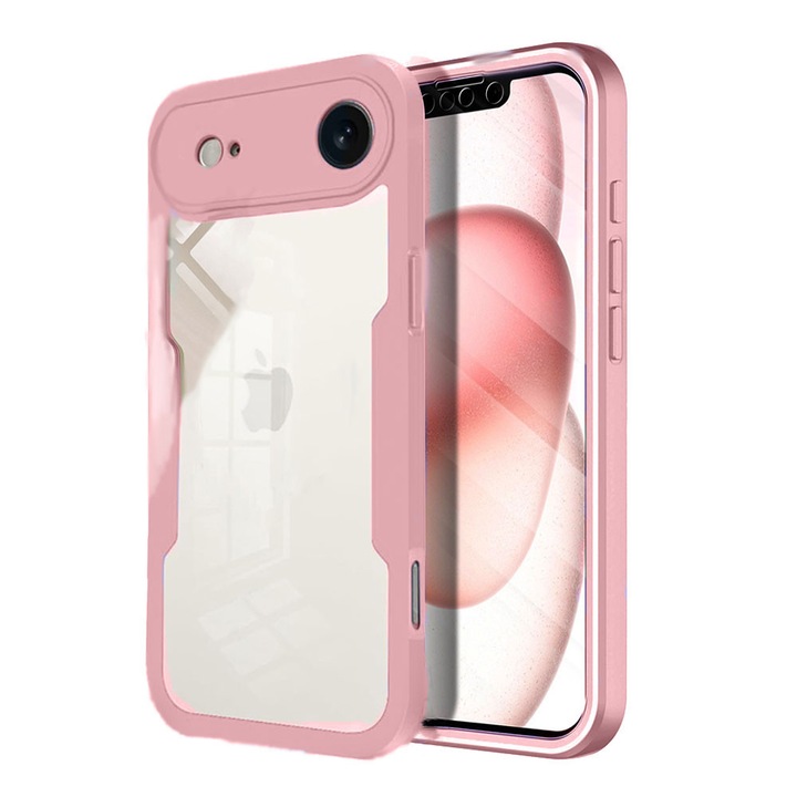 Калъф 360 градуса съвместим с Apple iPhone 17 Air, С включен протектор за екран, Удароустойчив, Против пожълтяване, Против надраскване, Издръжлив, Повдигнати ръбове от 3 мм, Розов/Прозрачен