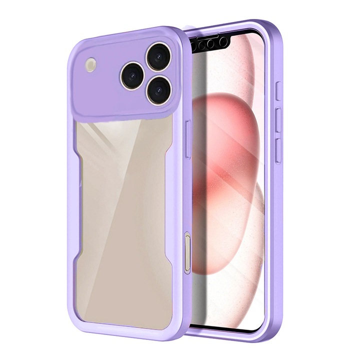 Калъф 360 градуса, съвместим с Apple iPhone 17 Pro Max, С включен протектор за екран, Устойчив на удари, Против пожълтяване, Против надраскване, Издръжлив, Повдигнати ръбове от 3 мм, Лилав/Прозрачен