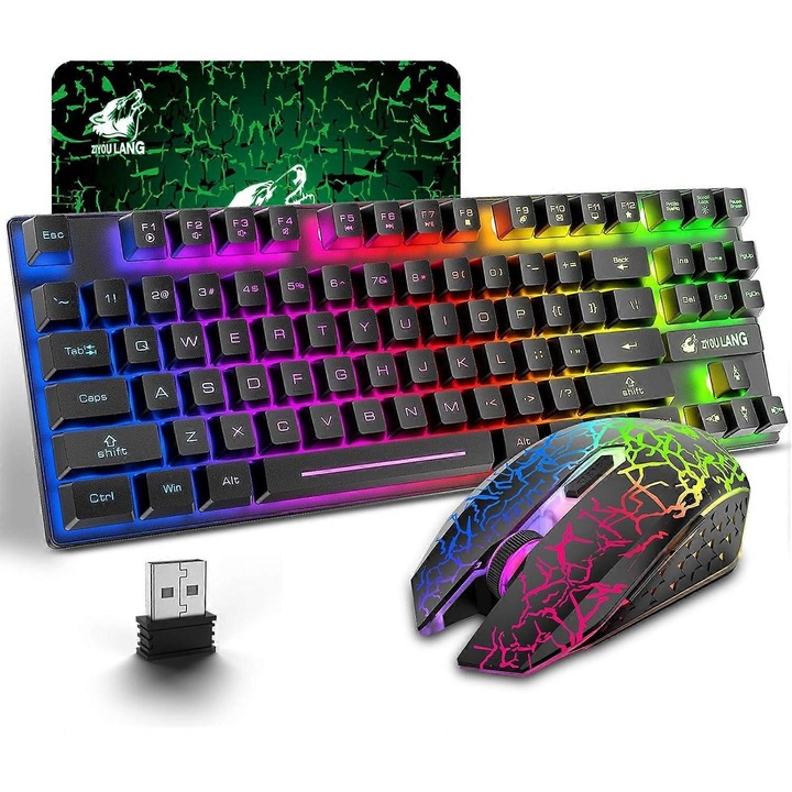 Set tastatura si mouse wireless 3 in 1, 87 taste, iluminare LED curcubeu, baterie reincarcabila 3800mAh