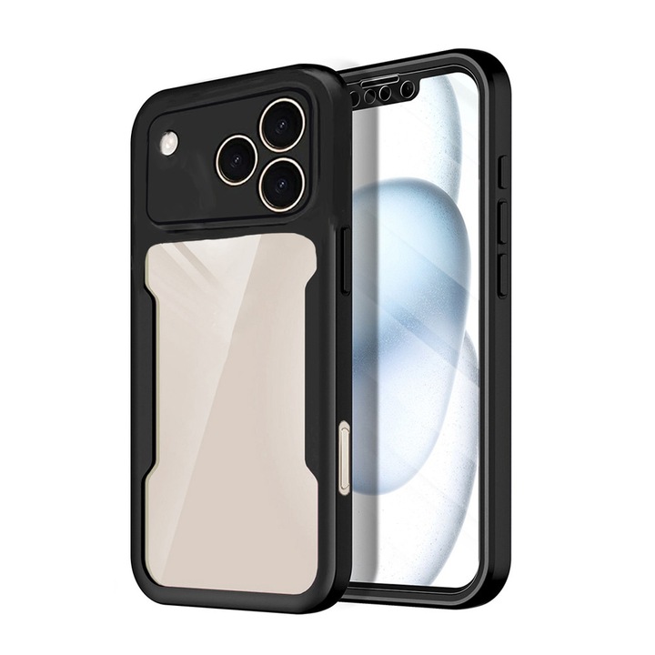 Кейс 360 градуса съвместим с Apple iPhone 17 Pro Max, С включен протектор за екран, Удароустойчив, Против пожълтяване, Против надраскване, Издръжлив, Повдигнати ръбове от 3 мм, Черен/Прозрачен