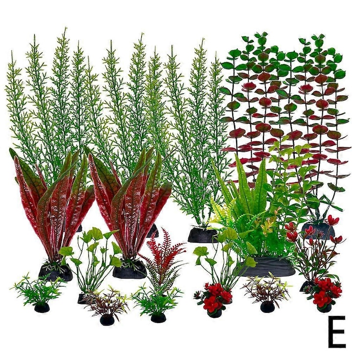 Set complet decoratiuni artificiale pentru acvariu, plante din plastic, multicolor, 5cm-28cm