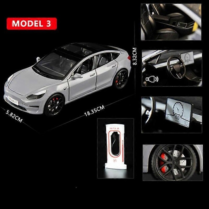 Tesla Model 3 Model Y autómodell, fém, fröccsöntött, szürke, 1:24