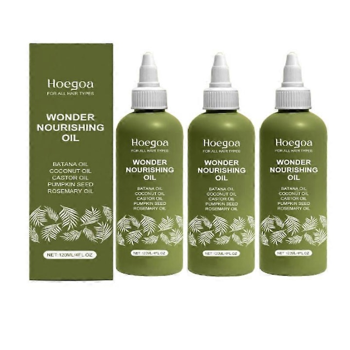 Ulei Batana pentru Cresterea Parului, Hoegoa, Amestec cu Ulei Organic de Ricin, Seminte de Dovleac, Cocos si Rozmarin - Set 3pcs, 120ml