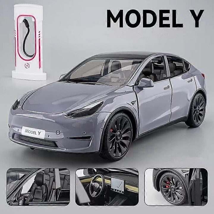 Tesla Model 3 Model Y autómodell, fém, die-cast, szürke, 1:24, szett