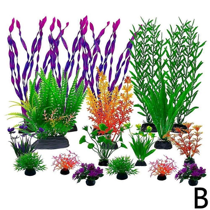 Set complet decoratiuni artificiale pentru acvariu, plante din plastic, multicolor, 5cm-28cm
