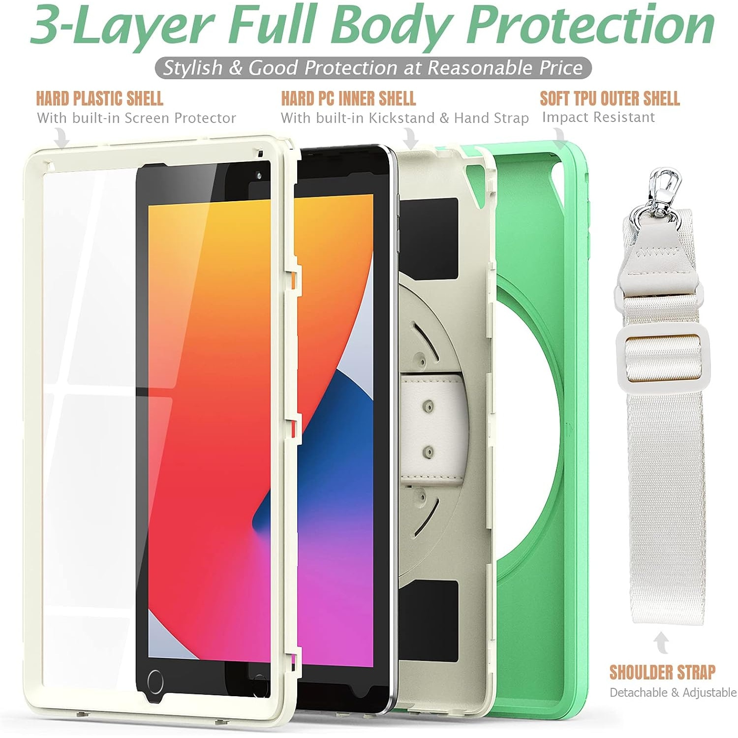 Pachet 360 pentru iPad 9.7" (iPad Air 2, iPad 5/6, iPad Pro 9.7) – Husa Sigloo cu folie inclusa, curea de umar si suport rotativ, Verde cu Crem