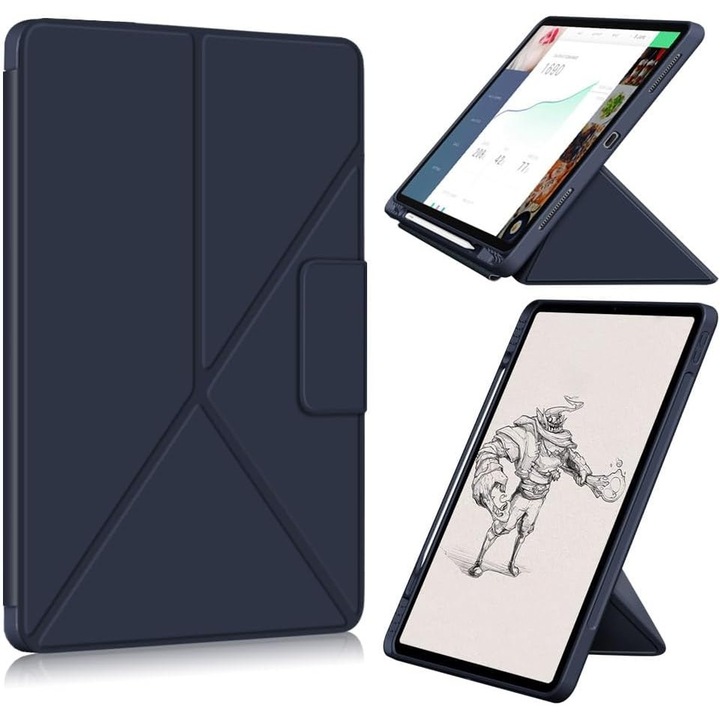 Husa premium Sigloo, pentru iPad Air13 (2024/2025), iPad Pro 12.9'', (2022/2021/2020/2018), interior de piele sintetica, Suport origami, spatele din policarbonat, Albastru inchis