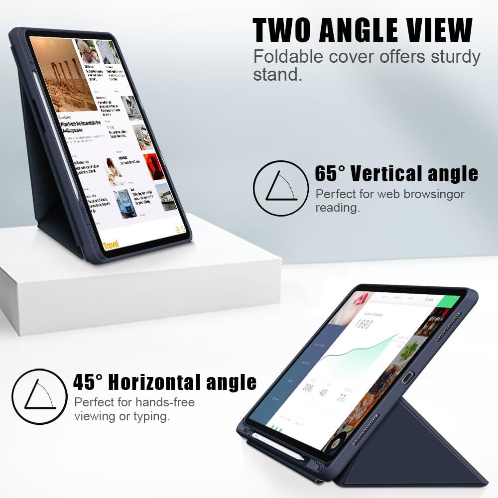 Husa premium Sigloo, pentru iPad Air13 (2024/2025), iPad Pro 12.9'', (2022/2021/2020/2018), interior de piele sintetica, Suport origami, spatele din policarbonat, Albastru inchis