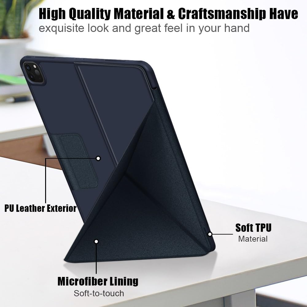 Husa premium Sigloo, pentru iPad Air13 (2024/2025), iPad Pro 12.9'', (2022/2021/2020/2018), interior de piele sintetica, Suport origami, spatele din policarbonat, Albastru inchis