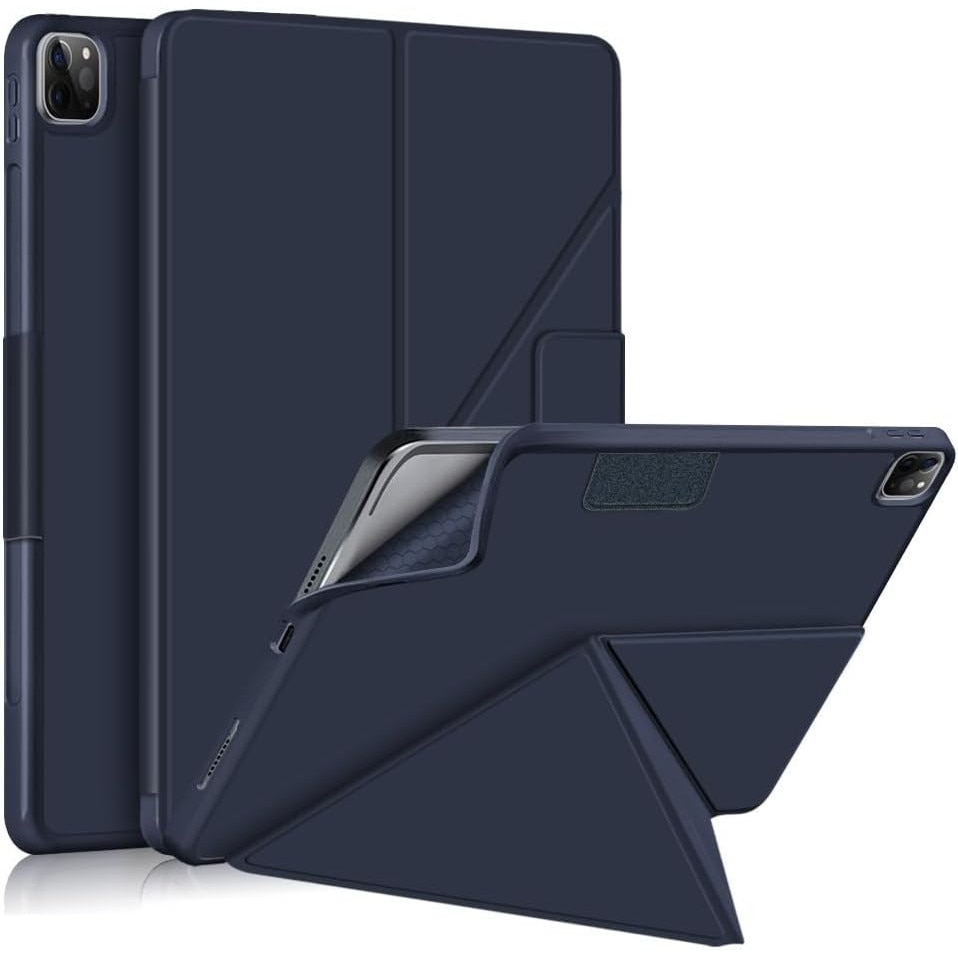 Husa premium Sigloo, pentru iPad Air13 (2024/2025), iPad Pro 12.9'', (2022/2021/2020/2018), interior de piele sintetica, Suport origami, spatele din policarbonat, Albastru inchis