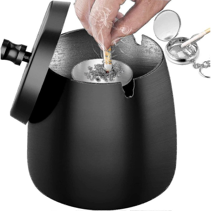 Scrumiera din otel inoxidabil cu capac, design elegant, rezistent la vant si ploaie, culoare argintie, utilizare interioara si exterioara