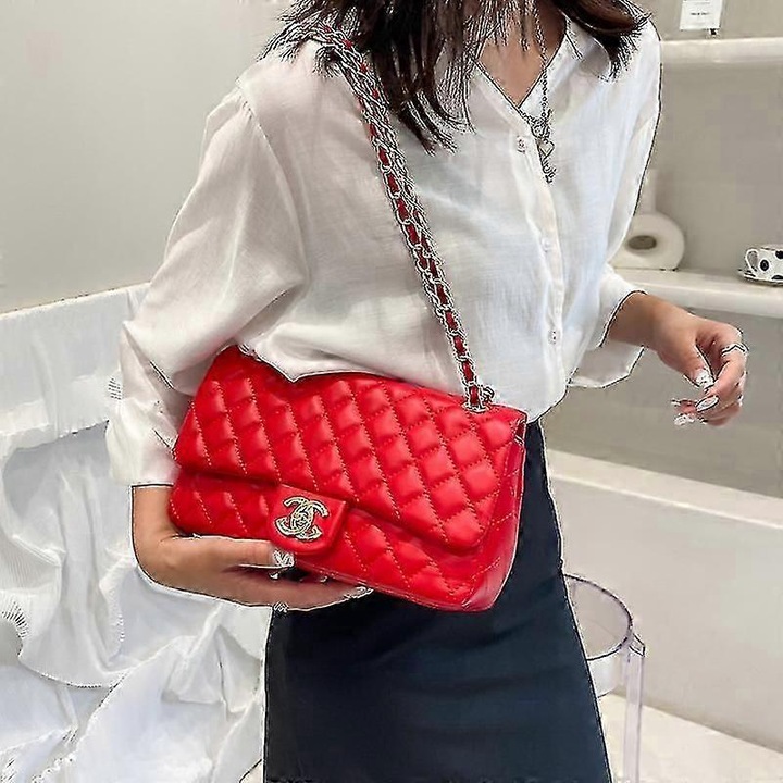 Geanta dama, 2023, design cu lant diamant, rosie, utilizare pe umar sau diagonala