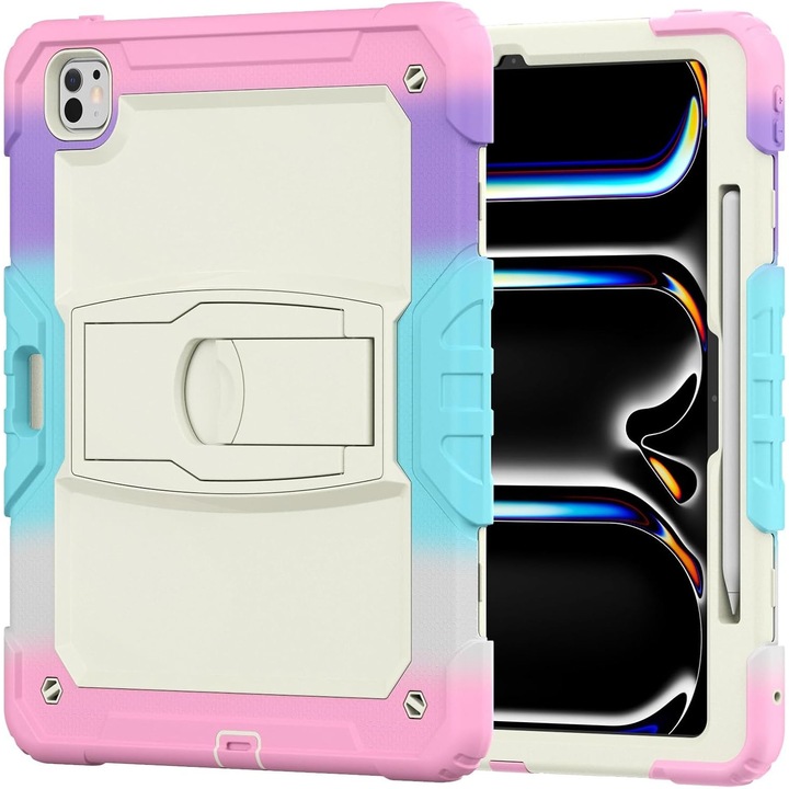 Husa Sigloo pentru iPad Air13 (2024/2025), iPad Pro 12.9'' (2020/2021/2022), Antisoc, Antipraf, cu Stand si Curea de Umar – Camuflaj Roz