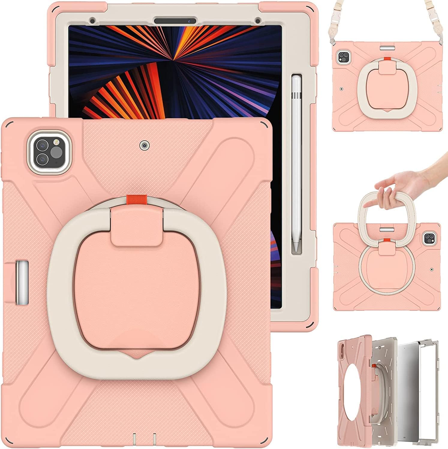 Husa Sigloo pentru iPad Air 13" (2025/2024 M3/M2) si iPad Pro 12.9" – Suport Rotativ, Suport Pencil, Curea Umar – Roz sters