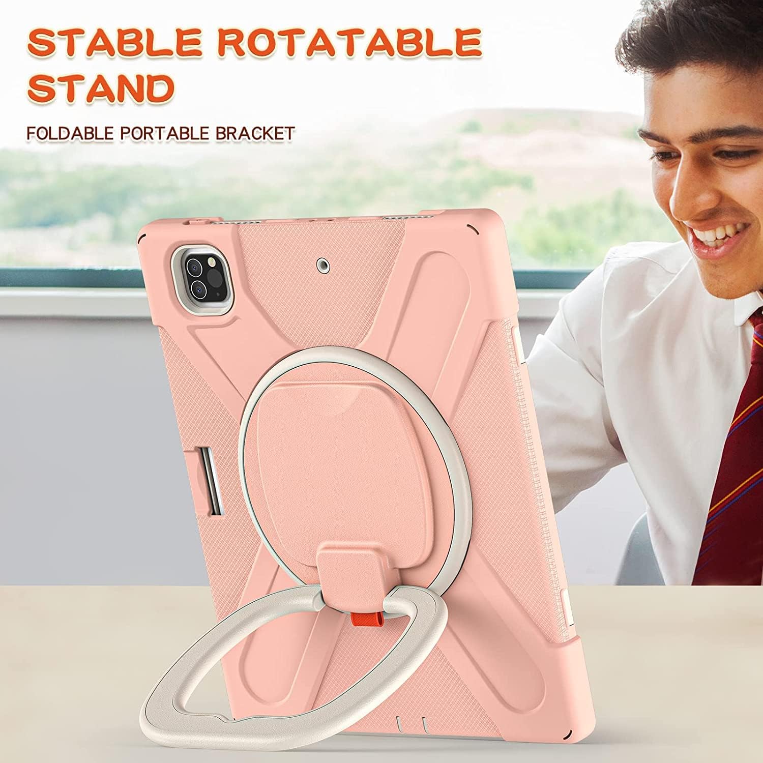 Husa Sigloo pentru iPad Air 13" (2025/2024 M3/M2) si iPad Pro 12.9" – Suport Rotativ, Suport Pencil, Curea Umar – Roz sters