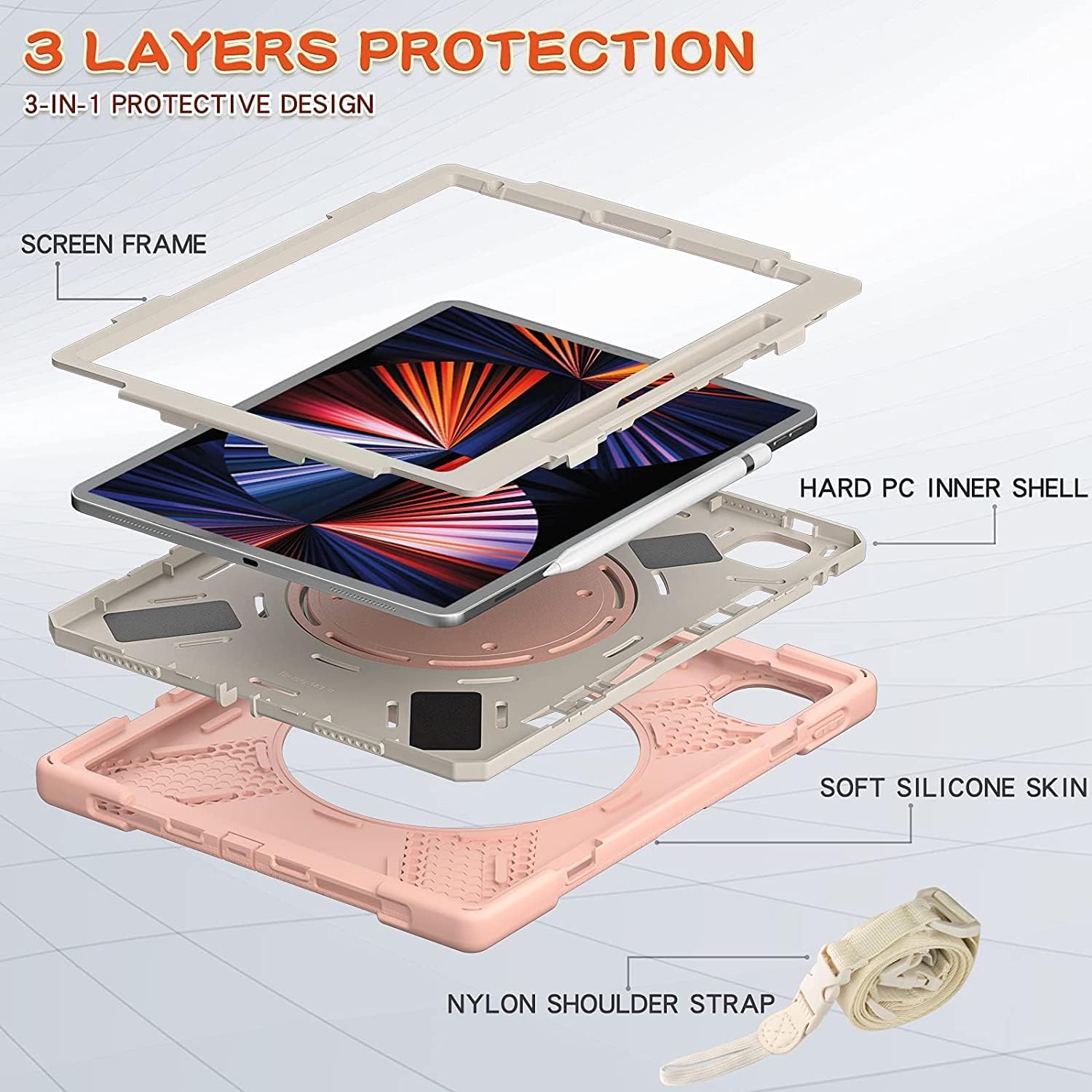 Husa Sigloo pentru iPad Air 13" (2025/2024 M3/M2) si iPad Pro 12.9" – Suport Rotativ, Suport Pencil, Curea Umar – Roz sters