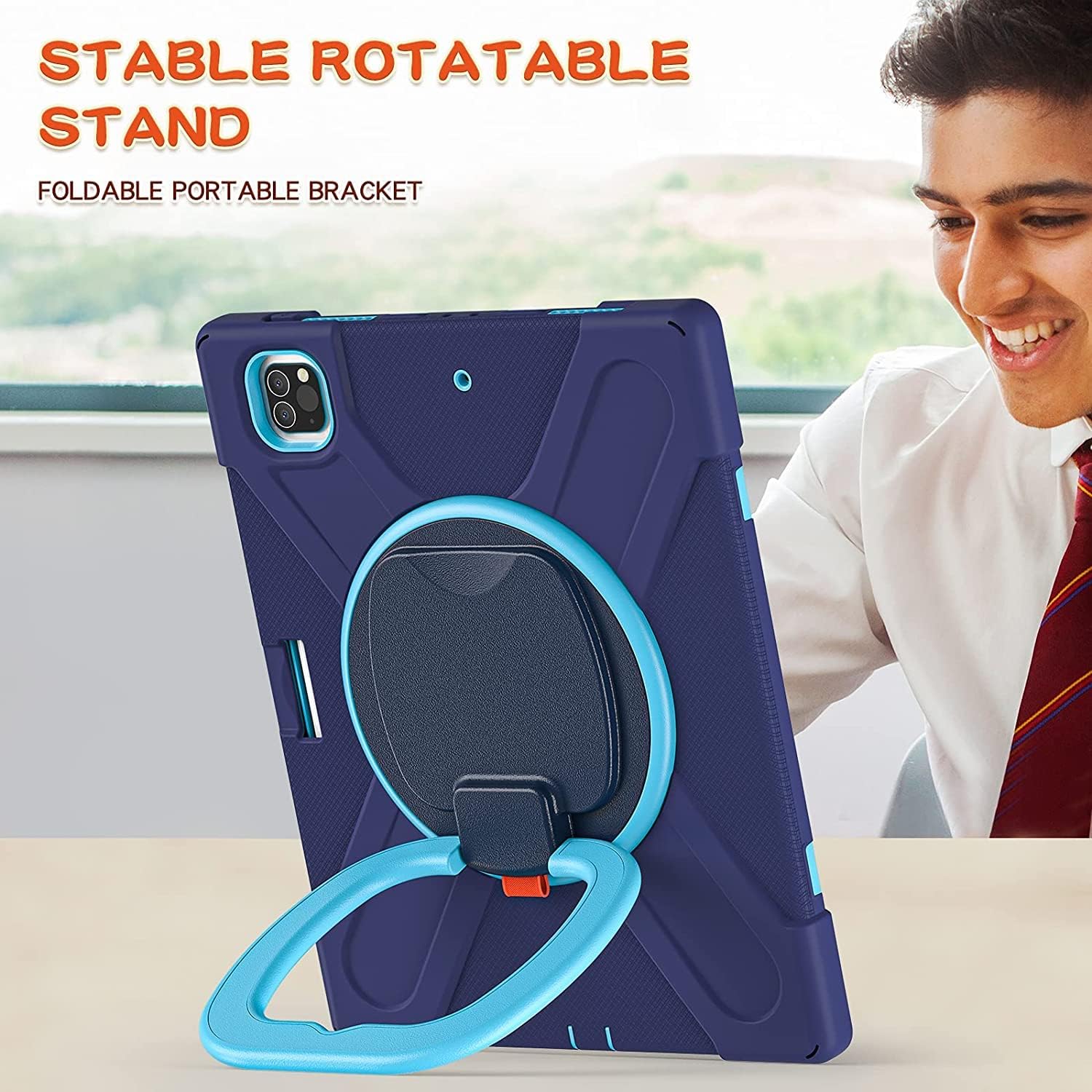 Husa Sigloo pentru iPad Air 13" (2025/2024 M3/M2) si iPad Pro 12.9" – Suport Rotativ, Suport Pencil, Curea Umar – Bleumarin + Albastru