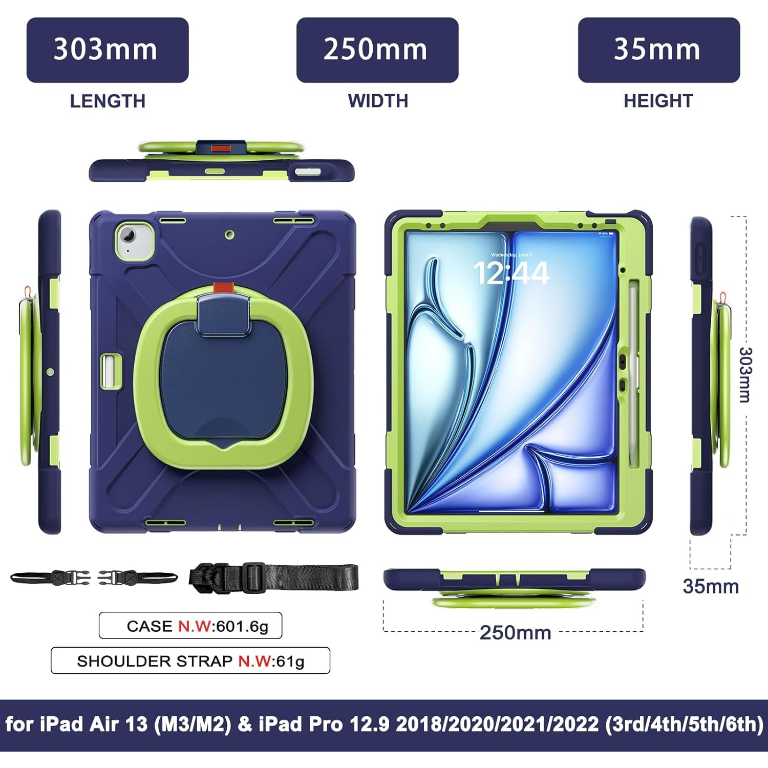 Husa Sigloo pentru iPad Air 13" (2025/2024 M3/M2) si iPad Pro 12.9" – Suport Rotativ, Suport Pencil, Curea Umar – Bleumarin + Verde