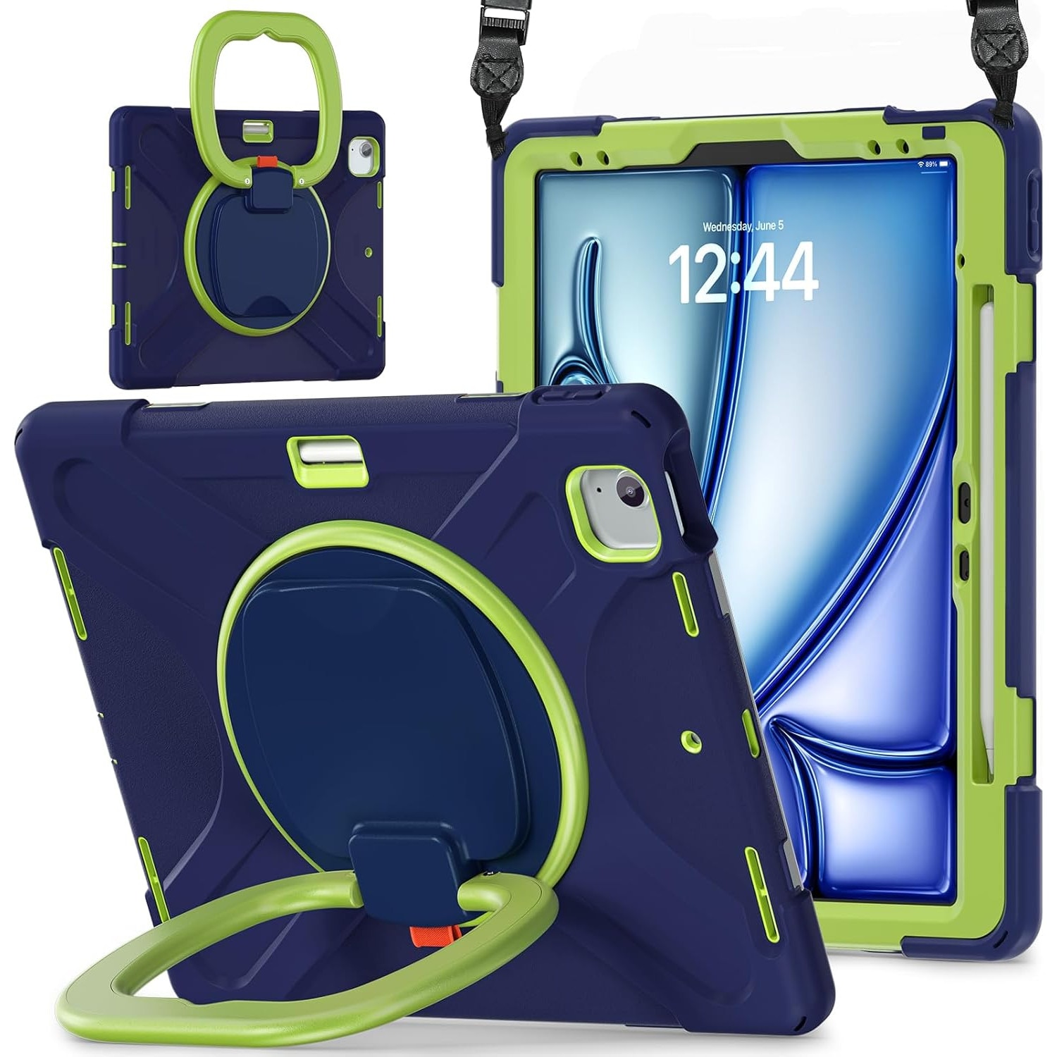 Husa Sigloo pentru iPad Air 13" (2025/2024 M3/M2) si iPad Pro 12.9" – Suport Rotativ, Suport Pencil, Curea Umar – Bleumarin + Verde