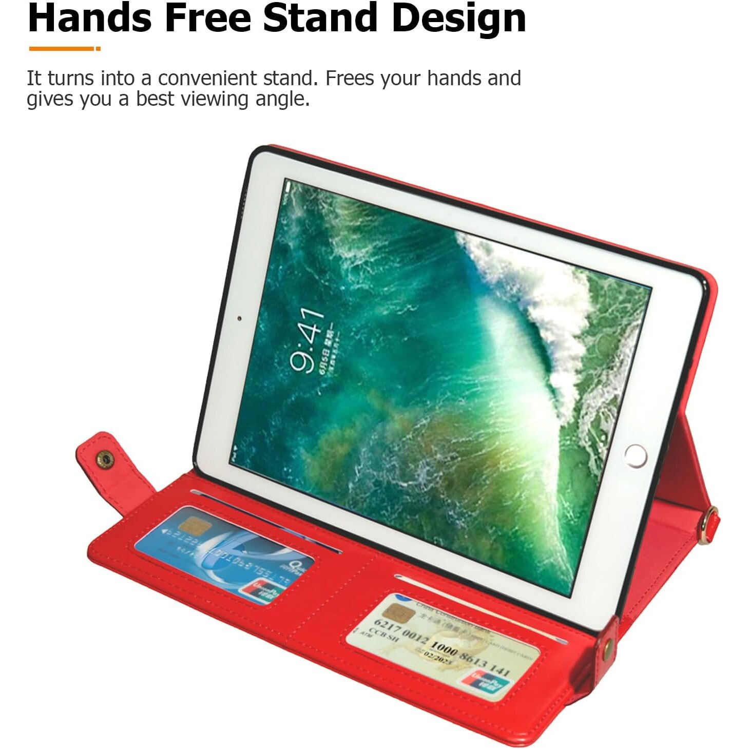 Husa Sigloo pentru iPad 9.7" (iPad Air 1/2, iPad 5/6) – Tip Business din Piele PU, Buzunare pentru Documente, Curea de Umar si Mana – Rosu intens