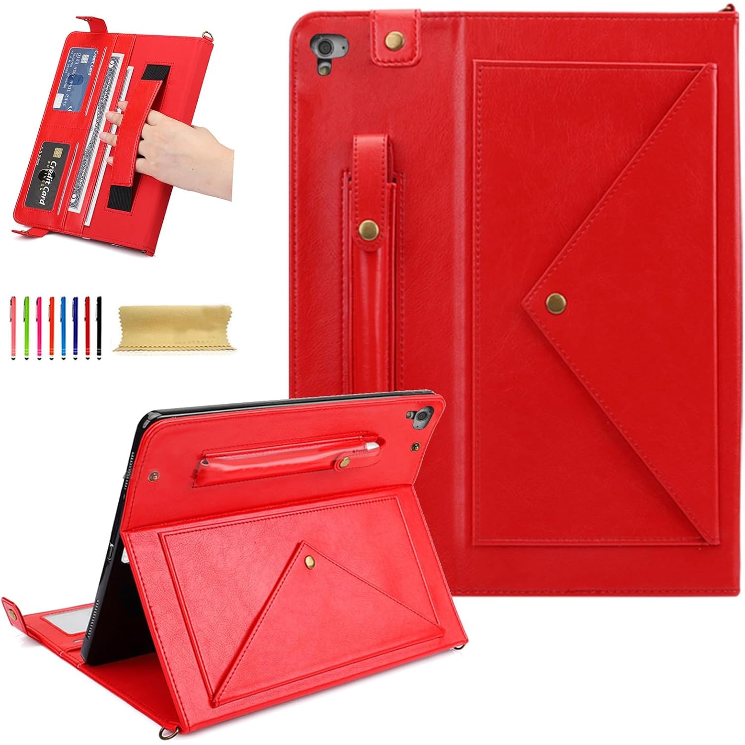 Husa Sigloo pentru iPad 9.7" (iPad Air 1/2, iPad 5/6) – Tip Business din Piele PU, Buzunare pentru Documente, Curea de Umar si Mana – Rosu intens