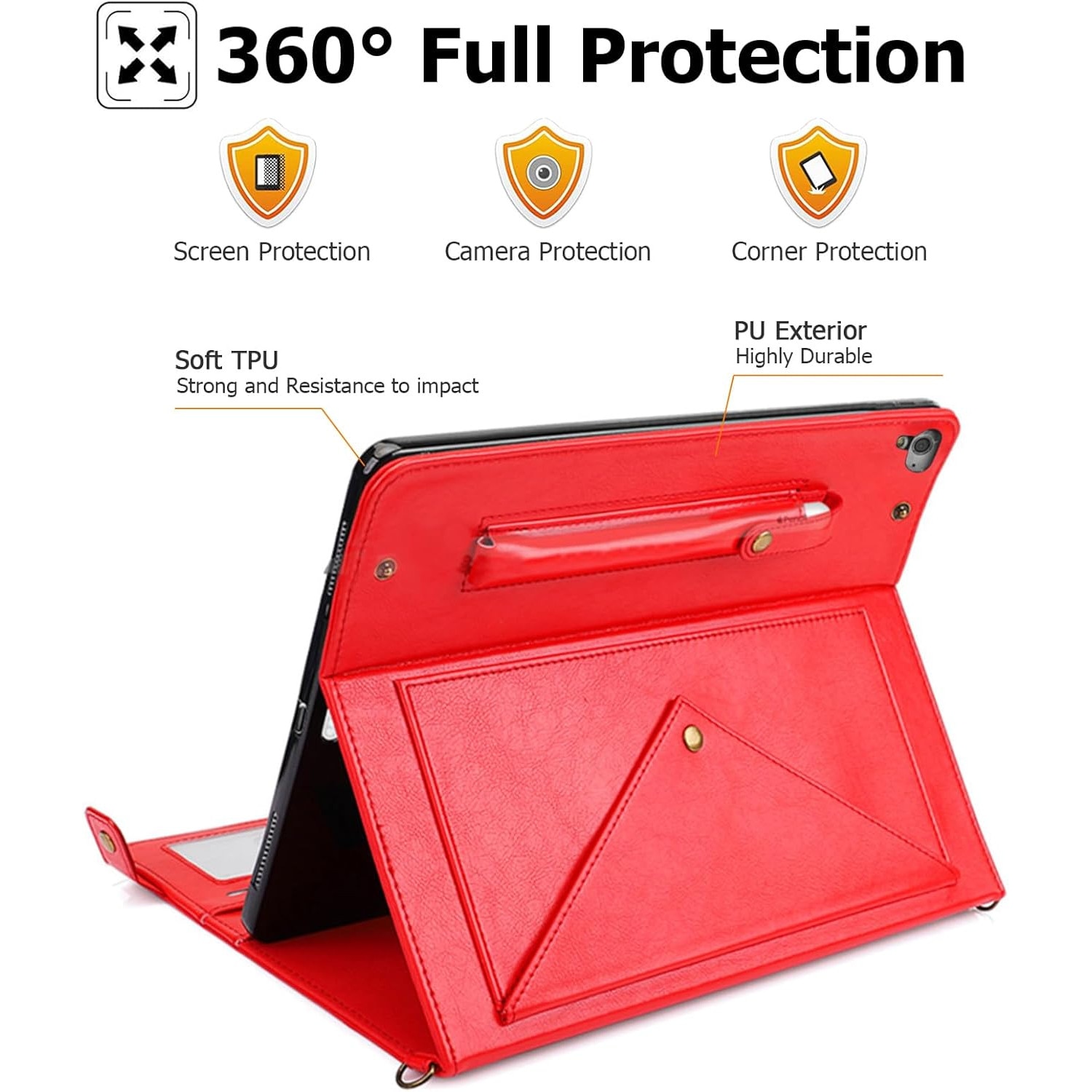 Husa Sigloo pentru iPad 9.7" (iPad Air 1/2, iPad 5/6) – Tip Business din Piele PU, Buzunare pentru Documente, Curea de Umar si Mana – Rosu intens